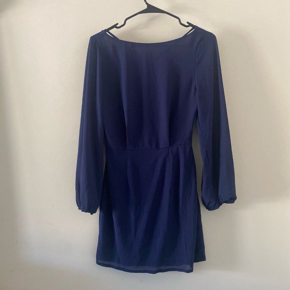 Longsleeve Navy Blue Dress with Deep Back Swoop - Picture 2 of 5